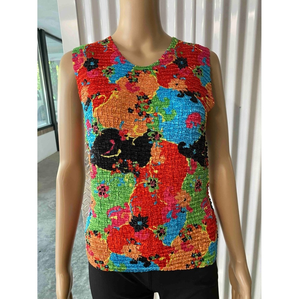 CAREN BROOK Womens Medium Popcorn Top Sleeveless Multicolor Floral Crinkle Shirt
